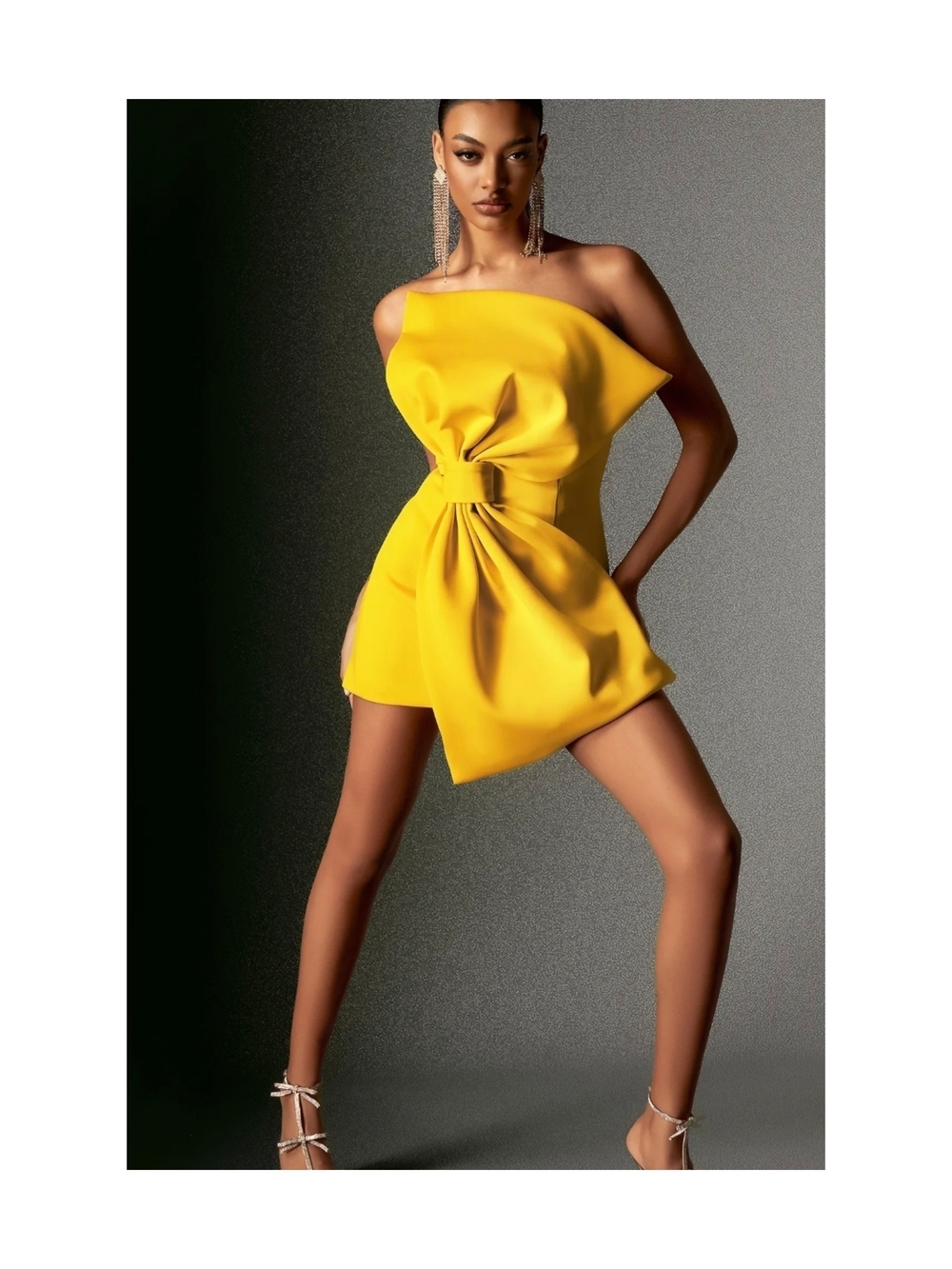 NWT Bella Barnett XS Yellow One-Shoulder Bow-Front Mini Dress